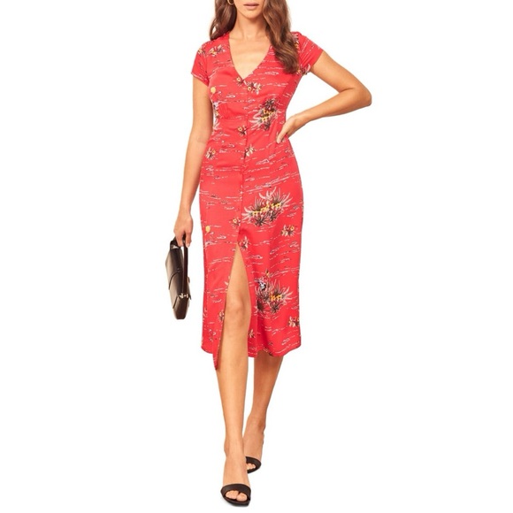 Reformation Dresses & Skirts - Reformation Denise Midi Dress (Sz XL) Button Down Tencel Red Fiji Print